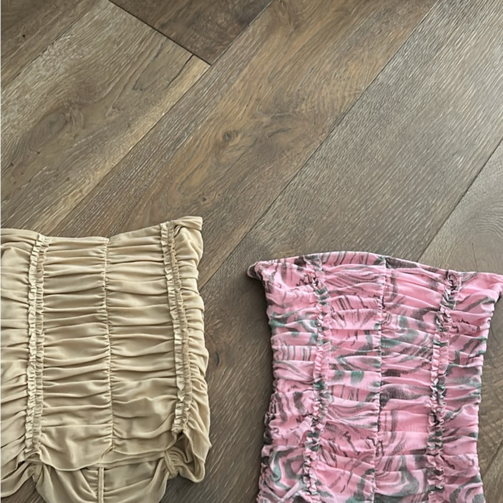 I.AM.GIA Ruched Tops in Tan and Pink Print